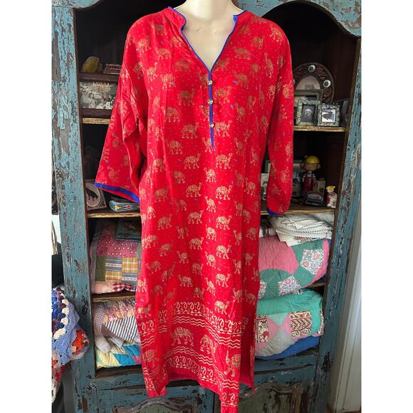 NEW INDIA BOHO ELEPHANT BEACH COVER NIGHTSHIRT RED COTTON W/METALLIC GOLD FOIL - Picture 1 of 6